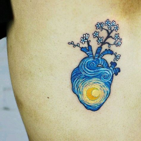 Submission to 'XX Art History-Inspired Tattoos You Never Knew You Needed Until Now' Van Gogh Heart, August Tattoo, Blue Moon Tattoo, Miscellaneous Tattoos, Van Gogh Tattoo, Colour Tattoos, Science Tattoo, 42 Tattoo, Art Inspired Tattoos