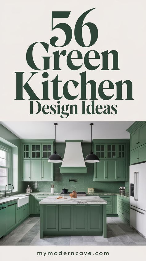 Transform your kitchen with these 56 gorgeous green kitchen design ideas that suit any home style. From sleek modern layouts with emerald accents to vintage-inspired kitchens with sage cabinets, these ideas make a statement. Learn how to pair green tones with natural textures, lighting, and decor for a harmonious look. Perfect for anyone seeking a bold or understated kitchen refresh, these designs will inspire your next remodel. Marble Counter Green Cabinets, Green Kitchen Cabinets Gray Floor, Green Kitchen Cabinets Tile Floor, Green Bottom Cabinets White Upper, Emerald Green Kitchen Ideas, Retreat Green Kitchen Cabinets, Dark Green Bottom Kitchen Cabinets, Olive Green Kitchen Cabinets Black Appliances, Green White Kitchen Design