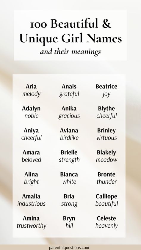 Looking for the perfect uncommon baby girl names with meaning that are totally underused? We’re sharing our list of the 100 beautiful unique and uncommon girl names and explaining the meanings behind them. Our list includes cute, pretty, modern, and uncommon girl names. Click through for the full girl name list. Unique baby names for 2024, unique girl names, cute girl names, pretty girl names Names For Girls Unique Meaning, German Girl Names, Girl Name List, Baby Girl Names With Meaning, Pretty Girl Names, Uncommon Girl Names, List Of Girls Names, Meaningful Baby Names