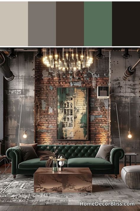 Luxurious Industrial Green Living Room Concept Dark Green Couch, Blue Living Room Color Scheme, Blue Living Room Color, Tuscan Bedroom, Plum Walls, Countertops Ideas, Western Gothic, Leather Couches, Teal Living Rooms