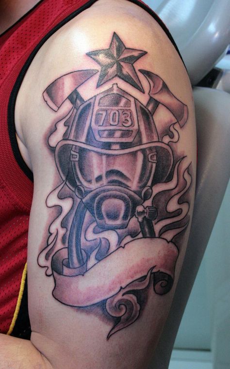 Firefighter Tattoo Sleeve, Fireman Tattoo, Firefighter Tattoos, Best 3d Tattoos, Fighter Tattoo, Firefighter Tattoo, Fire Fighter Tattoos, Helmet Tattoo, Sanskrit Tattoo