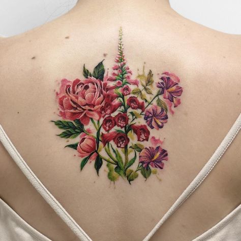 Wildflowers Tattoo, Rose Tattoo On Back, Floral Back Tattoos, Cool Back Tattoos, Chris Garver, Birthday Tattoo, 39th Birthday, Flower Tattoo Back, Tattoo Zeichnungen