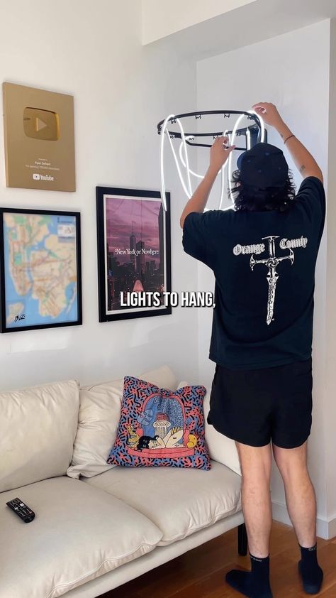 Adrian Vazquez on Instagram: “Today I turned this basketball rim into a light fixture! #interiordesign #furnitureflip #homedecor #basketballart” Basketball Home Decor, Basketball Hoop In Bedroom, Basketball Lamp, Diy Basketball Hoop, Basketball Decoration, Basketball Room Decor, Barbershop Ideas, Basketball Decor, Diy Basketball