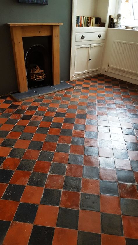 Tile Floor Aesthetic, Checked Tile Floor, English Cottage Flooring, Quarry Tiles Kitchen, Quarry Tile Floor, Quarry Tiles, Tiled Floor, Welcome To My House, House Goals