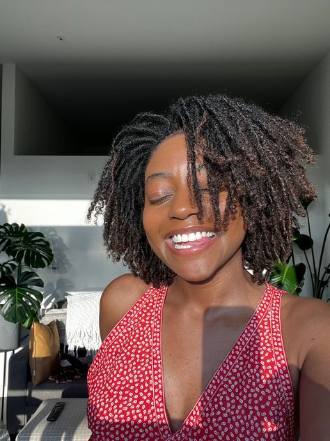 sisterlocs, natural hair, locs, curly ends, Microlocs, sisterlocks, red dress, house plants, west facing windows, melanin, golden hour, boho style, earthy black girl, white teeth Medium Length Micro Locs, Curly Ends Locs, Micro Locs Curly Ends, 4c Locs With Curly Ends, Micro Locs With Curly Ends, Small Locs With Curly Ends, Curly End Locs, Natural Locs With Curly Ends, Locs Curly Ends