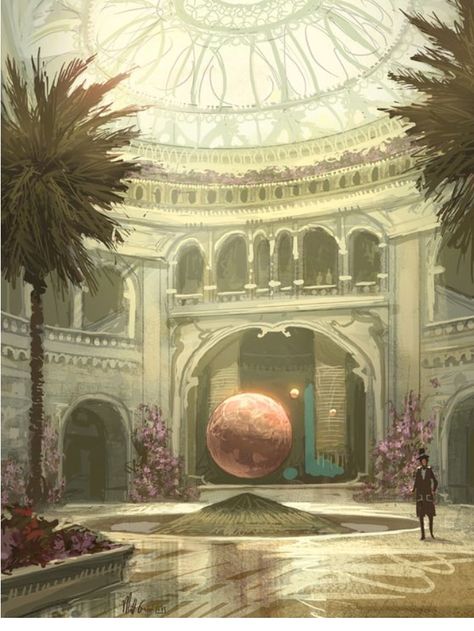 The Sun Sage temple. The sphere is at least half that size- I was thinking volleyball size. No plants, but a giant glass ceiling ordained with golden designs like that glass ceiling. Architecture like that. A giant Sun painted along the floor where that circle is. Curtains in the back covering it. Fantasy City, Fantasy Places, Fantasy Setting, Art Et Illustration, Fantasy Concept Art, Arte Fantasy, 판타지 아트, Environment Design, Alam Yang Indah