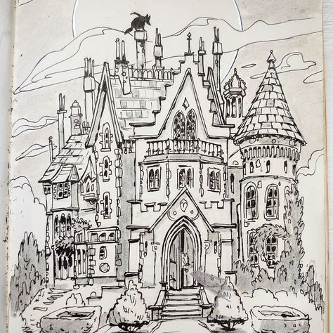 sean hayden on Instagram: “Today's #Inktoberworlds day #16 is gothic murder mansion, a little inspired by "the haunting of Bly manor, which we just finished.…” Spooky Mansion Drawing, Haunted Mansion Drawing, Mansion Drawing, Gothic Manor, The Haunting Of Bly Manor, Haunting Of Bly Manor, Castle Exterior, Gothic Mansion, Victorian Manor