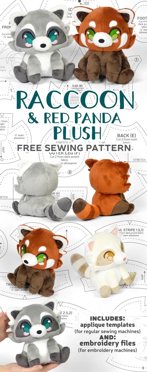 Free Pattern Friday! Raccoon & Red Panda Plush – Sew Desu Ne? Raccoon Stuffed Animal Sewing Pattern, Red Panda Sewing Pattern Free, Felt Red Panda Pattern, Sew Plushies Free Pattern, Raccoon Stuffed Animal Pattern, Plush Free Sewing Pattern, Raccoon Sewing Pattern, Squishmallows Sewing Pattern, Raccoon Plush Pattern