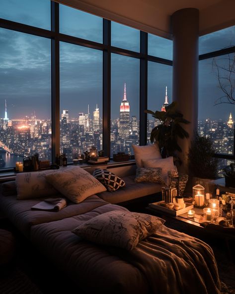 Furkan Gülle (@cozywonderspots) • Instagram photos and videos Nyc Penthouse Living Room, Nyc Penthouse Luxury, New York Bedroom Ideas, New York Living Room, Dream Bedroom Luxury, New York Aesthetic City Apartments, Windows Style, Penthouse Aesthetic, Penthouse Living Room