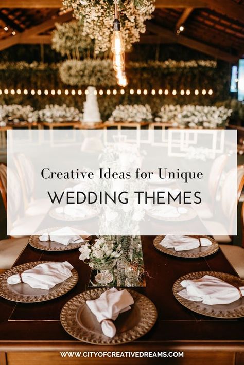 Themed weddings are becoming increasingly popular. A theme allows the couple to have more creative freedom and express their personality; rather than just choosing wedding colors, they can now choose the entire ambiance of the ceremony and reception. Here are some creative ideas for unique wedding themes. Garden Party The Look Flowers. Everywhere. If you […] The post Creative Ideas for Unique Wedding Themes appeared first on City of Creative Dreams. Wedding Ideas Unique Creative, Wood Slice Centerpieces, Choosing Wedding Colors, Country Western Decor, Wedding Planning Organizer, Bohemian Style Wedding, Wedding Planning On A Budget, Wedding Planning Guide, Painted Candles