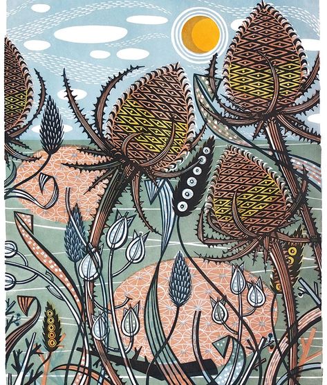 Angie Lewin's inspirational lino printing. Beautiful colour choice. Texture and strong mark making. Landscape Pots, Linoprint Ideas, Lino Print Artists, Plant Posters, Natural Prints, Yellena James, Angie Lewin, Linocut Printmaking, Lino Prints