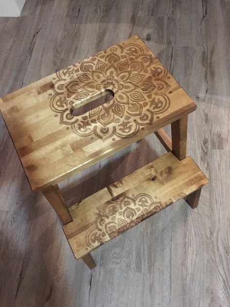 Ikea bekvam Step stool redo - Stained with two different colour stains Stool Redo, Painted Step Stool, Ikea Bekvam, Ikea Chairs, Stool Makeover, Ikea Chair, Steps Design, Step By Step Painting, Refinishing Furniture