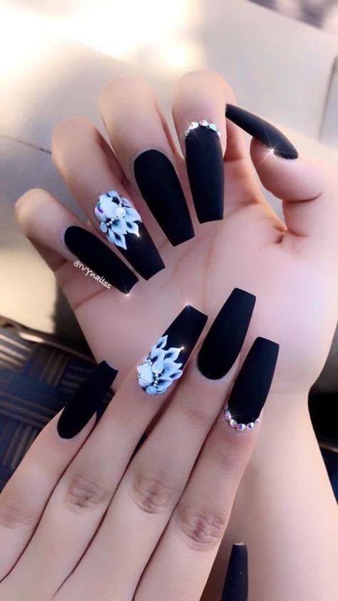 Nail Designs With Diamonds, Diamond Nail Designs, Halloween Nail Ideas, Matte Nails Design, Simple Acrylic Nails, Black Nail Designs, Black Nail, Summer Acrylic Nails, Diamond Nails