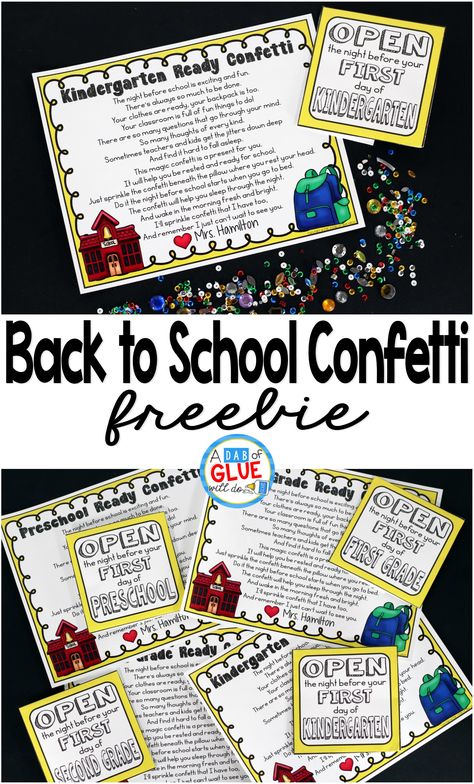 I always found giving kids this special little gift, the Back to School Confetti, to open the night before the first day of school helps to ease their minds and hearts for the anticipation of the BIG first day can make a world of a difference. Every single year, I get parents emailing, calling, or telling me in person how this simple little gift made the world of a difference and to me, that makes it all worth it. via @dabofgluewilldo First Grade Freebies, Preschool First Day, Night Before School, Beginning Of Kindergarten, First Day Of School Activities, Back To School Night, Kindergarten First Day, Beginning Of The School Year, 1st Day Of School