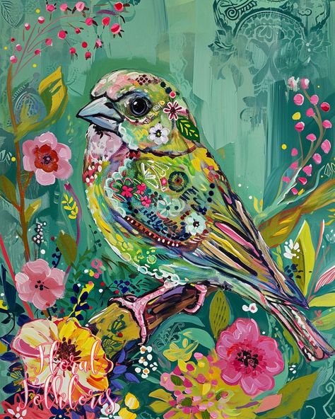 Whimsical Guitar Painting, Whimsical Animal Art, Acrylic Bird Paintings On Canvas, Acrylic Animal Paintings, Abstract Bird Painting, Whimsical Bird Art, Sparrow Painting, Painting Folk Art, Bird Paintings On Canvas