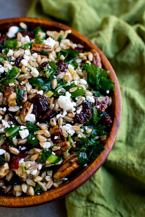 Roasted Butternut Squash Kale Salad With Farro And Goat Cheese, Fall Farro Salad, Farro Salad Recipes, Farro Recipes, Farro Salad, Grain Salad, Goats Cheese, Vegetarian Burger, Autumn Salad