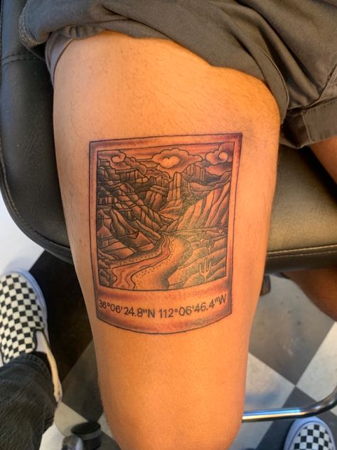 A tattoo of the Grand canyon on a polaroid with coordinates Rocky Mountain National Park Tattoo, Rivers In The Desert Tattoo, Grand Canyon Tattoo Ideas, Canyon Tattoo, Arizona Landscape Tattoo, Grand Canyon Tattoo, River Tattoo, Grand Canyon South Rim, C Tattoo