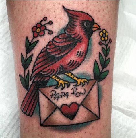 Traditional Cardinal Tattoo Black, Cardinal Remembrance Tattoos, Cardinal Tattoo Traditional Style, Cardinal Tattoo American Traditional Black And White, Vintage Cardinal Tattoo, Traditional Style Memorial Tattoo, American Traditional Memorial Tattoo, Traditional Tattoo Memorial, Cardinal Tattoo Traditional