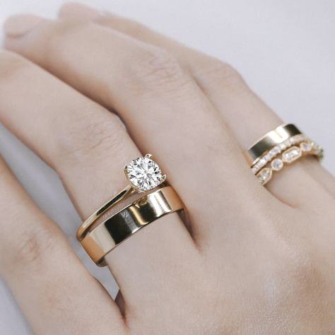 Stack Your Engagement Ring Like A Boss - Robbins Brothers Blog Wedding Ring Stack, Thick Wedding Bands, Perfect Wedding Ring, Ring Stacks, Wedding Band Styles, Dainty Band, Pave Diamond Band, Modern Engagement Rings, Ring Stack