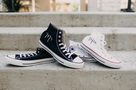 Mr and Mrs wedding shoes Mr And Mrs Converse, Mr And Mrs Shoes, Matching Wedding Converse, Wedding Converse Bride And Groom, Groom Converse, Wedding Converse Bride, Converse Hightop, Navy Converse, Dress With Converse