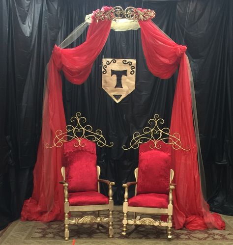 Texas High Hoco 2015 photo booth decor "Once upon a homecoming" Royal throne room Castle Prom Theme, Midevil Prom Theme, Royal Ball Decorations Diy, Once Upon A Time Hoco Theme, Fairy Tale Ball Decorations School, Once Upon A Hoco Theme, Homecoming Coronation Decorations, Royal Ball Party, Once Upon A Homecoming Theme