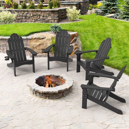 Rosecliff Heights Reyer Adirondack Chair | Wayfair Fire Pit With Adirondack Chairs, Diy Outdoor Fire Pit Area, Diy Outdoor Fire Pit, Country Lake House, Fire Pit Area Ideas, Fire Pit Yard, Outdoor Fire Pit Area, Fire Pit Decor, Adirondack Chairs Patio