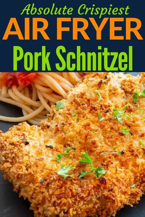 Healthy Schnitzel Recipe, Keto Pork Schnitzel Recipe, Healthy Pork Schnitzel, Air Fry Pork Schnitzel, Pork Chop Recipes Air Fryer Boneless, Air Fryer Pork Chops Boneless Panko, Schnitzel Recipe Air Fryer, Air Fryer Pork Schnitzel, Chicken Snitchel Recipes Air Fryer