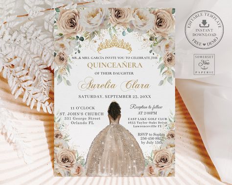 Champagne Quinceanera Theme Invitations, Gold Quince Invitations, Quince Invitations Gold, Quince Invitations Champagne, Brown And Gold Invitation, Quincenera Invitations Pink And Gold, Champagne Flowers, Debutante Ball, Australia Photos