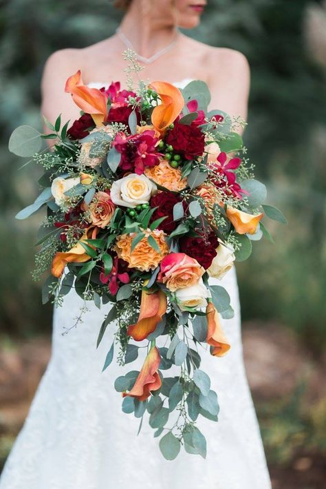 Fall bridal bouquet Tony Foss Florist, OKC Bridal Bouquet Fall Cascading, Fall Cascading Wedding Bouquets, Autumn Bouquet Wedding, Wedding Bouquets Bright, Fall Wedding Planning, Rustic Bridal Bouquet, Romantic Bridal Bouquet, Fall Bridal Bouquet, Cascading Bridal Bouquets