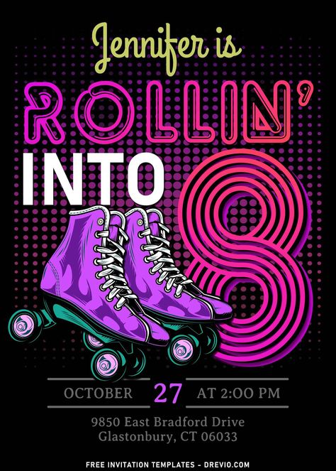 Roller Skating Party Invitations Free Printable, Roller Skating Invitations, Roller Skate Invitations, Retro Roller Skating, Roller Skating Birthday Invitations, 80s Birthday, Roller Skate Birthday, Roller Skating Party, Skating Party