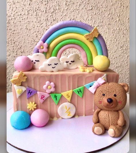 Rainbow Half Birthday Cake, Semi Fondant Cake Design, Half And Half Cake Ideas, Half Year Birthday Cakes, Cake Half Birthday, Half Birthday Cake, Fondant Teddy Bear, Fondant Rainbow, Happy Fathers Day Cake