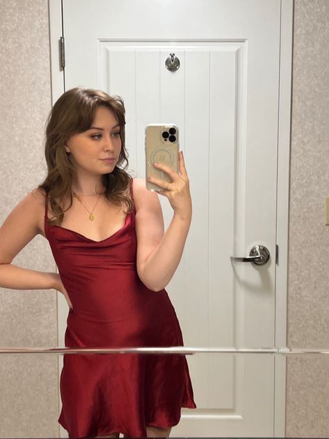 Red Hoco Dress Aesthetic, Wine Red Silk Dress, Burgundy Satin Dress Short, Wine Red Mini Dress, Dark Red Dress Short, Short Red Slip Dress, Red Slip Dress Outfits, Wine Red Dress Short, Dark Red Slip Dress