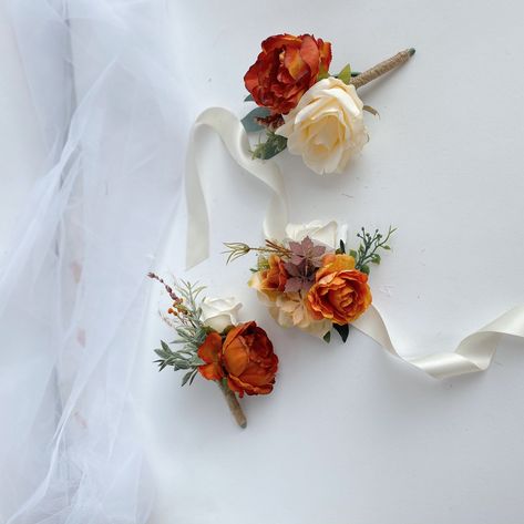 Burnt Orange Boutonniere, Elegant Boutonniere, Boutonniere And Corsage, October Weddings, Orange Boutonniere, Corsage Wristlet, Wrist Corsage Wedding, Prom Corsage And Boutonniere, Wedding Corsages