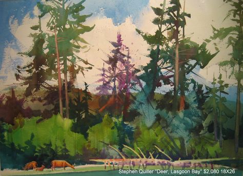 Stephen+quiller | STEPHEN QUILLER. Deer, Lagoon Bay. Watercolour. Intaglio Printmaking, Deer Crossing, Colorado Artists, Watercolor Artists, Watercolor Trees, Watercolor Canvas, Media Painting, Traditional Paintings, Painting Watercolor