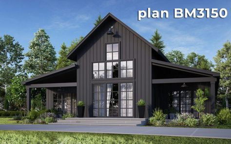 BM3150-Black Barndo - Buildmax House Plans Elegant Barndominium, Black Barndominium Exterior, Barndo House, Barndo Ideas, Black Barndominium Ideas, Black Homes, Farmhouse Shiplap, Plumbing Plan, Black Barndominium