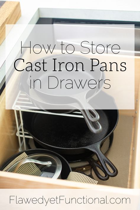 How to Store Cast Iron Pans in Drawers | One simple, inexpensive trick to store cast iron pans more efficiently and safely! ~FlawedyetFunctional.com Store Cast Iron Pans, Pans In Drawers, Storing Cast Iron, Cast Iron Storage Ideas, Cast Iron Storage, Cast Iron Pans, Cast Iron Set, Linen Closets, Homestead Kitchen