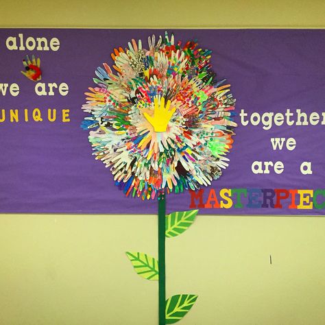 Alone We are unique...together we are a masterpiece.. Separate smaller flowers for each homeroom for the schoolwide bulletin board. I Am Unique Bulletin Board, Displaying Work In Classroom, Chrysanthemum Bulletin Board, Hand Print Bulletin Board Ideas, Schoolwide Bulletin Board Ideas, Together Bulletin Board Ideas, Inclusion Bulletin Board Ideas, Better Together Bulletin Board, Together We Are A Masterpiece