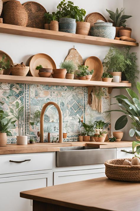 Transform your boho kitchen with these inspiring boho kitchen ideas! Discover modern boho kitchen ideas to bring a chic, contemporary vibe into your home. Scandi Bohemian Interior, Boho Small Kitchen Ideas, Kitchen Ideas Cottagecore, Boho White Kitchen, Cozinha Boho Chic, Shelf Kitchen Ideas, Decor For Top Of Kitchen Cabinets, Open Shelf Kitchen Ideas, Kitchen Ideas Simple