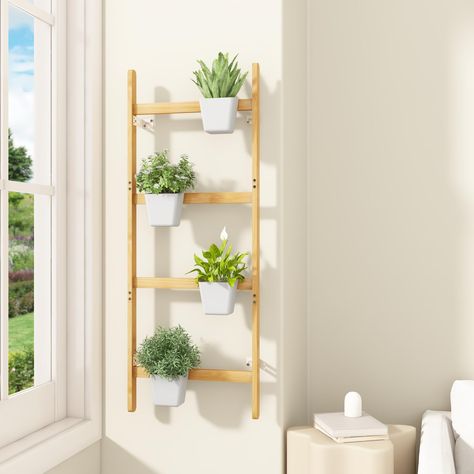 PRICES MAY VARY. Versatile Display Options: Elevate your home decor with our wall planter. Hang it on the wall or place it at an angle on the ground. This hanging plant stand adapts to any space, providing a fresh touch of nature to your living room, patio, or office Customizable Arrangement: Our wall hanging planter includes four hanging pots that can be arranged to your liking. The additional space on the wall plant shelf allows you to add your own pots, giving you the freedom to create a pers