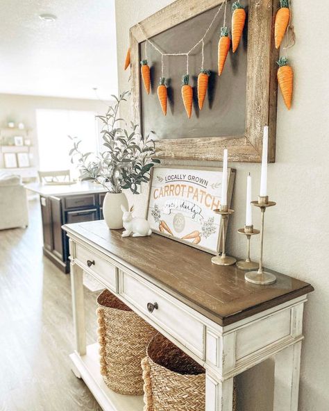 26 Creative And Inspiring Console Table Decor Ideas For Spring Halloween Console Table Decor, Halloween Console Table, Easter Garlands, Console Table Decor Ideas, Easter Entryway, Console Table Decor, Potted Ferns, Rustic Backdrop, Console Table Decorating