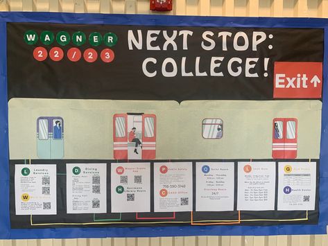 Next stop: College! Informational bulletin board for Freshman Informational Bulletin Board, College Bulletin Boards Residence Life, Information Bulletin Boards, College Advisor, Welcome Bulletin Boards, College Bulletin Boards, College Information, School Graphics, Ra Bulletins