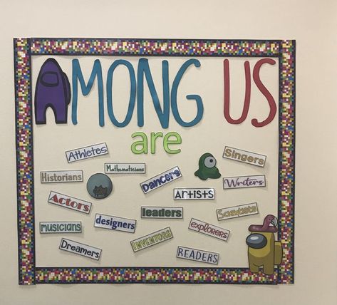 Among Us Bulletin Board Ideas, Roblox Bulletin Board, Among Us Bulletin Board, Welcome Back Boards, Ra Boards, Bulletin Board Design, School Hallways, Ra Bulletin Boards, Classroom Board