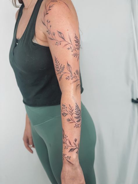 Floral Vine Half Sleeve Tattoo, Full Sleeve Vine Tattoo, Vine Upper Arm Tattoos For Women, Women Tattoos Arm Sleeve, Vine Wrapped Around Arm Tattoo Sleeve, Vine Wrap Sleeve Tattoo, Flower Arm Sleeve Tattoo Stencil, Vine With Flowers Tattoo Sleeve, Dainty Tattoo Arm Sleeve