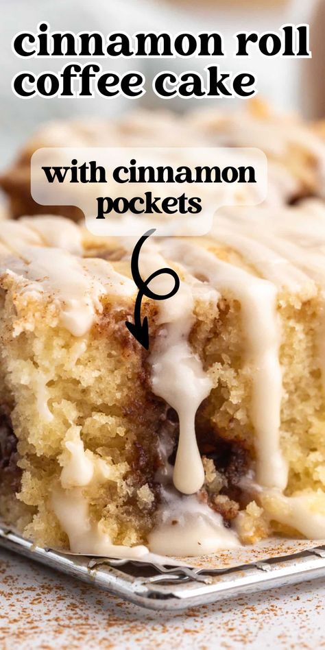 Make an easy coffee cake for breakfast that tastes just like a soft sweet roll! This Cinnamon Roll Coffee Cake has a cinnamon sugar swirl and is topped with cream glaze. Cinnamon Dessert Recipes, Cinnamon Roll Coffee Cake, Cinnamon Roll Coffee, Cinnamon Swirl Coffee Cake, Easy Coffee Cake, Cinnamon Swirl Cake, Quick Cinnamon Rolls, Cinnamon Streusel Coffee Cake, Cinnamon Desserts