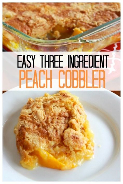 Peach cobbler with only three ingredients. It tastes awesome and is easy to make.