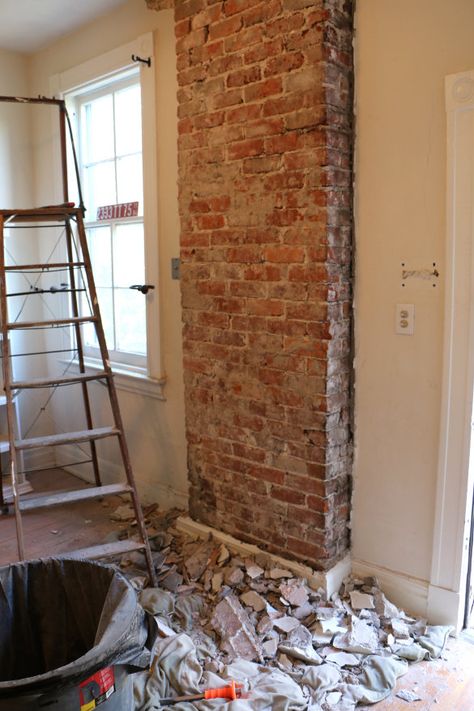 Before & After: Exposing a Brick Chimney Under Plaster Walls | 17 Apart Exposed Brick Fireplaces, Fireplace Brick, Brick Chimney, A Brick Wall, Farmhouse Remodel, Exposed Brick Walls, Old Bricks, Up House, Plaster Walls