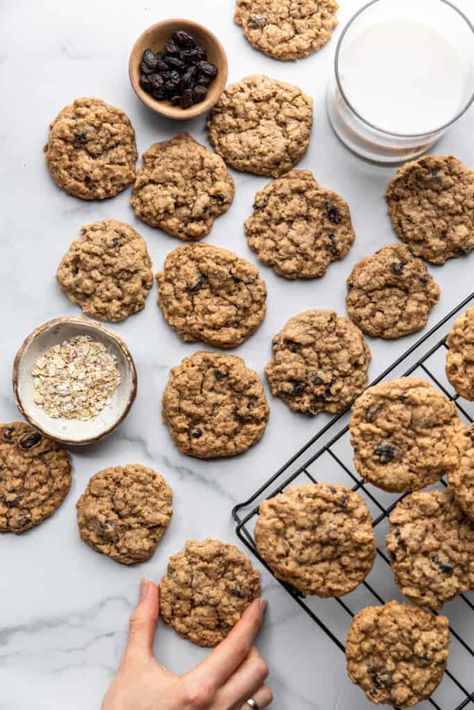 Oatmeal Cookie Recipes Healthy, Vegan Oatmeal Raisin Cookies, Oatmeal Raisin Cookies Healthy, Whole Wheat Cookies, Cookie Recipes Oatmeal Raisin, Oatmeal Raisin Cookies Chewy, Hearty Snacks, Healthy Oatmeal Cookies, Vegan Oatmeal