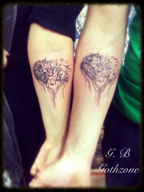 Wolf And Mate Tattoo, Native Couple Tattoos, Mother Son Wolf Tattoo, Couples Wolf Tattoos Love, His And Her Wolf Tattoos Couple Tat, Wolf Tattoo For Couples, Wolf Mates Tattoo, Matching Wolf Tattoos Couples, His And Hers Wolf Tattoos