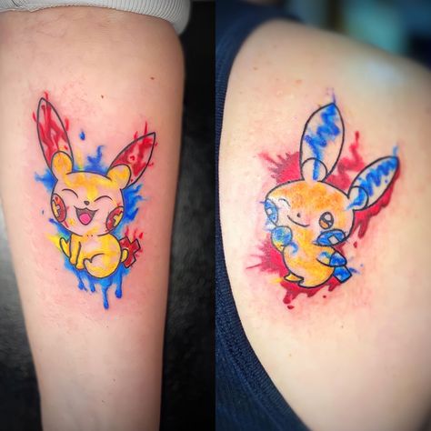 Plusle and Minun friendship or matching tattoo idea! Done by Spook at Heaven Bound Tattoos in Iowa #pokemon #plusle #minon #watercolor #tattoo #tattooidea #friendshiptattoo #matchingtattoo Matching Pokemon Tattoos, Matching Tattoo Idea, Pokemon Tattoos, Friendship Tattoo, Pokemon Tattoo, Friendship Tattoos, Matching Tattoo, Viking Tattoos, Sister Tattoos