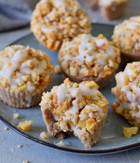 These easy to make Apple Crumble Muffins are moist, soft, and delicious! They are stuffed with apple pieces and topped with a mouth-watering crumble and a sugar-free icing! Not only are these vegan apple muffins gluten-free, but they are also much healthier than regular apple crumb muffins! Furthermore, they are freezer-friendly and also perfect for meal prep! #veganapplemuffins #applecrumble #applecrumblemuffins #applepie #applemuffins #muffins #elasrecipes | elavegan.com Vegan Apple Muffins, Gluten Free Apple Muffins, Apple Crumble Muffins, Sugar Free Icing, Apple Streusel Muffins, Vegan Crumble, Crumble Muffins, Vegan Buttercream, Crumb Muffins